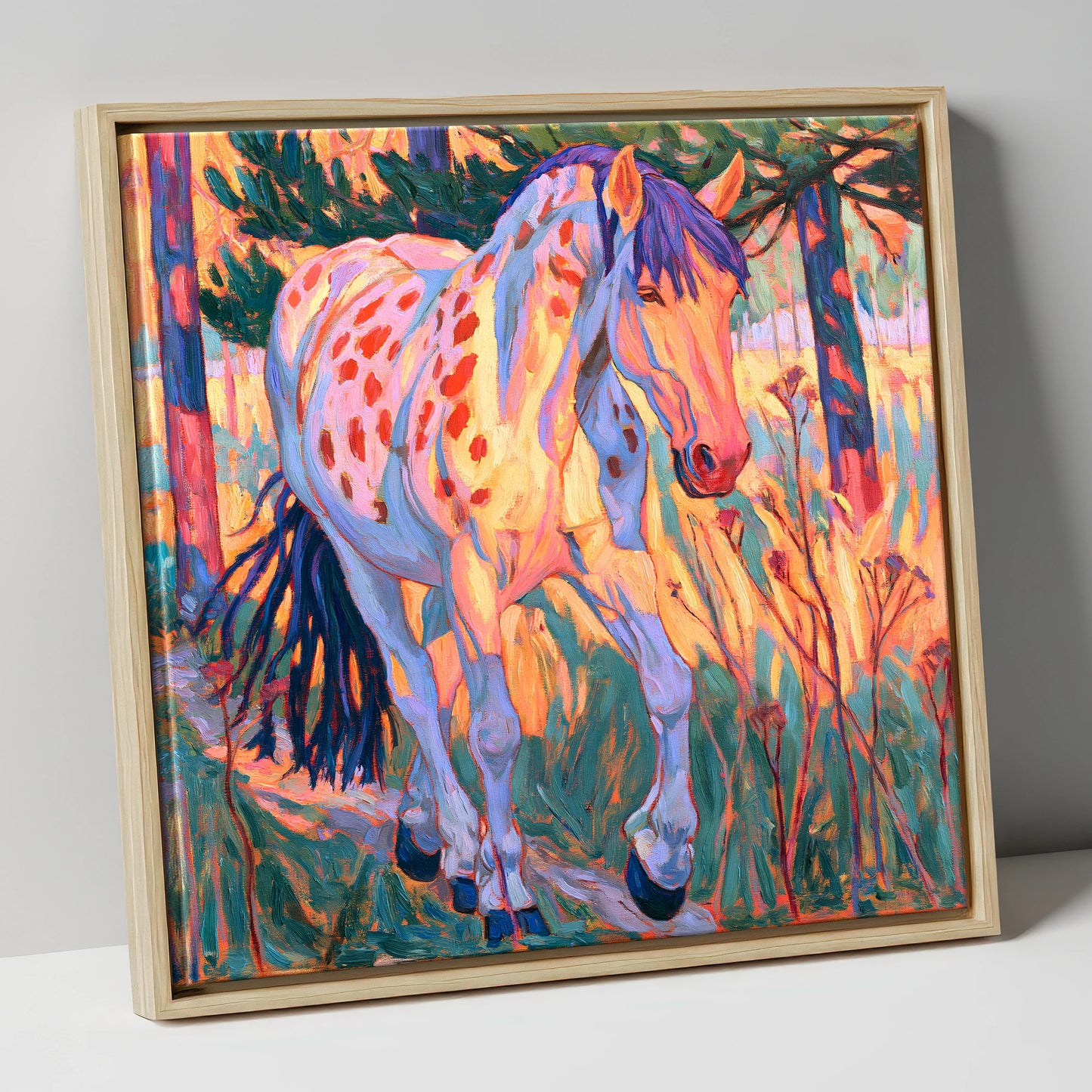 Vibrant Appaloosa In Tall Grass horse breed canvas wall art in natural frame