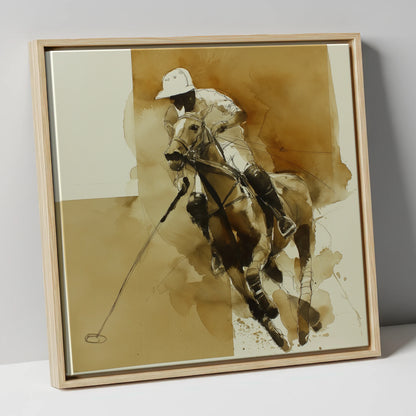 Sepia Polo Charge polo horse canvas wall art in natural frame