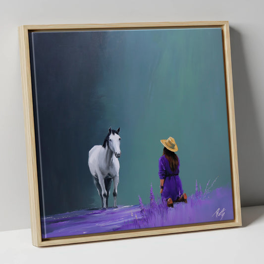 Silent Communion horse & rider canvas wall art in natural frame