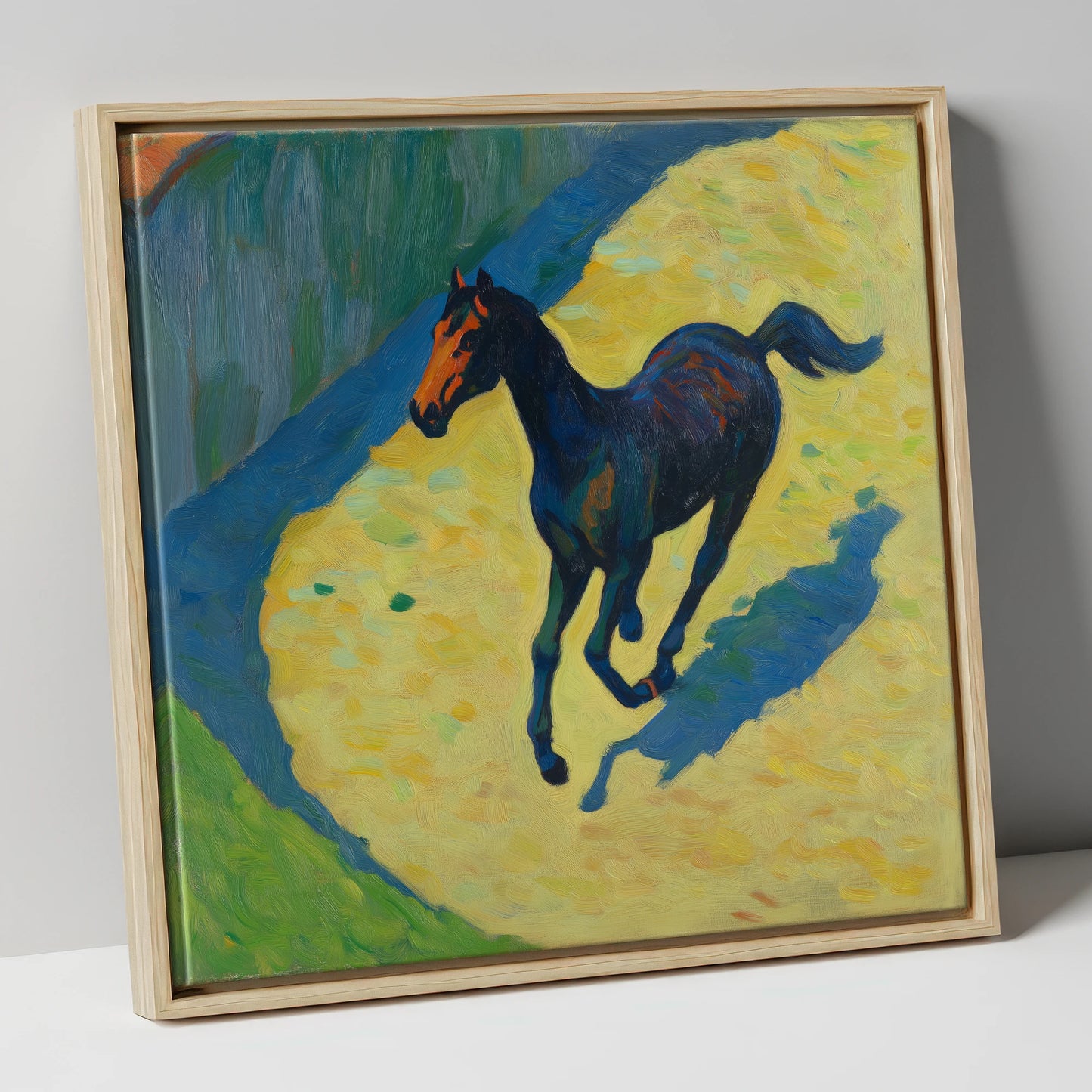 Cobalt Shadow Gallop racing horse canvas wall art in natural frame