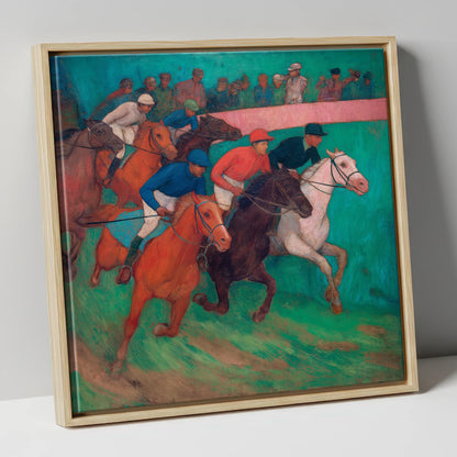 The Vibrant Furlong racing horse canvas wall art in natural frame