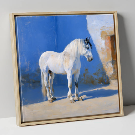 Luminous Sunlit Grey horse breed canvas wall art in natural frame