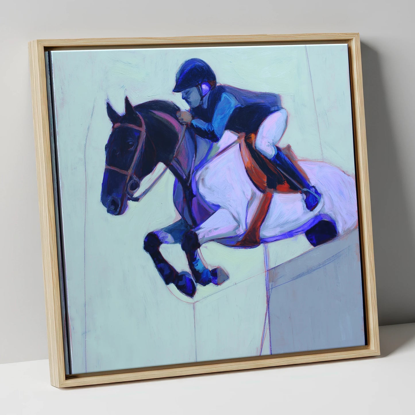 Indigo Flight show jumping horse canvas wall art in natural frame