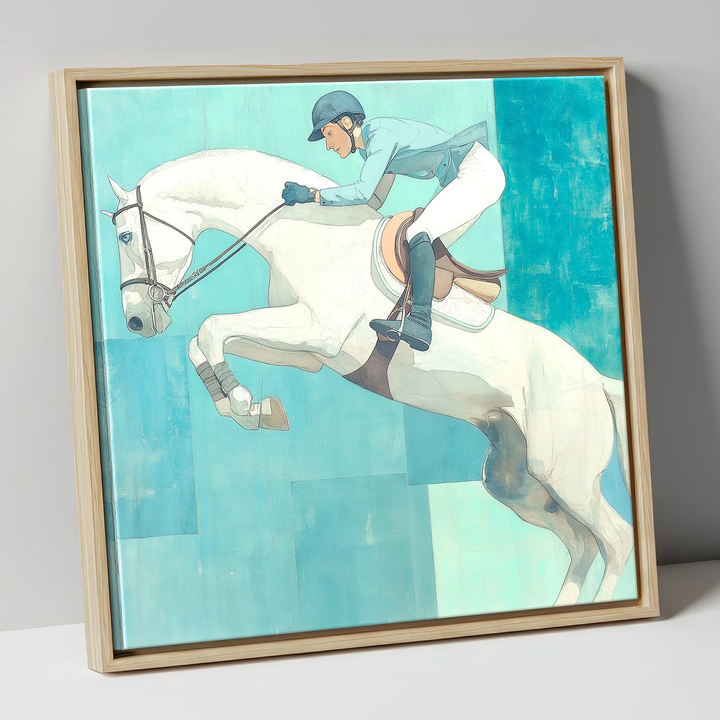Aquamarine Flight show jumping horse canvas wall art in natural frame