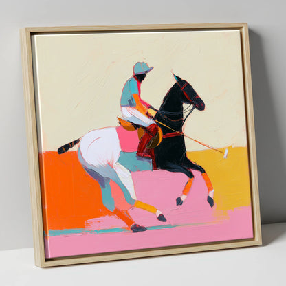 Vivid High Goal polo horse canvas wall art in natural frame