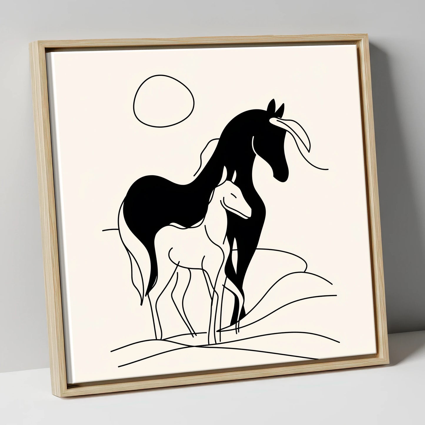 Silhouette of Devotion mare & foal canvas wall art in natural frame