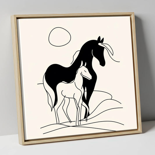 Silhouette of Devotion mare & foal canvas wall art in natural frame