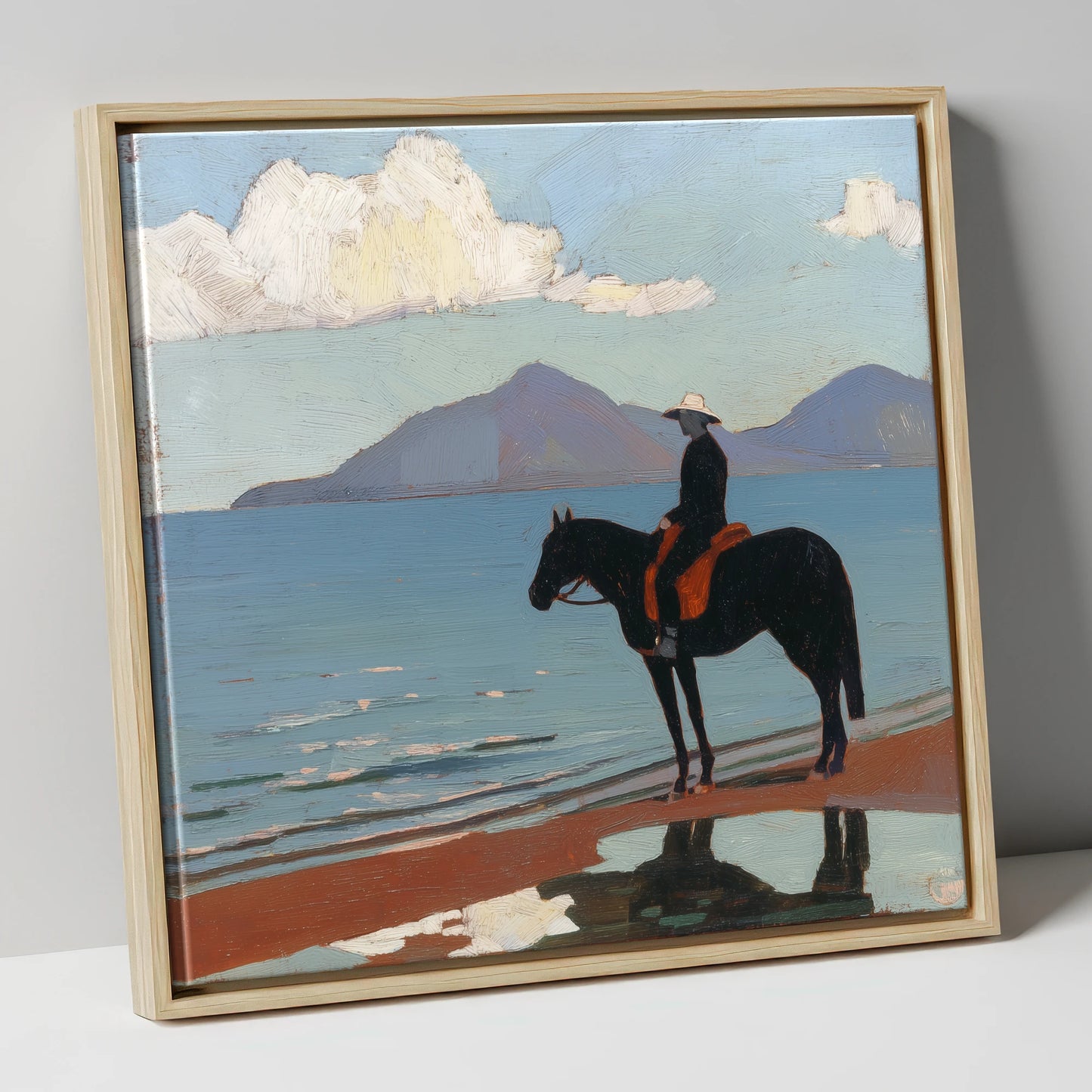 Silhouette on the Sands beach horse canvas wall art in natural frame