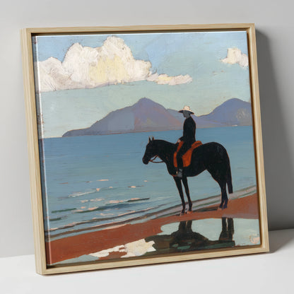 Silhouette on the Sands beach horse canvas wall art in natural frame