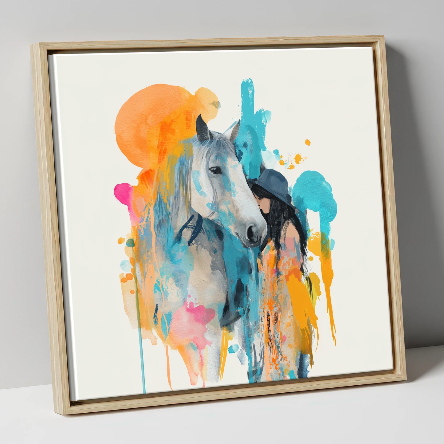 Vibrant Connection horse & rider canvas wall art in natural frame