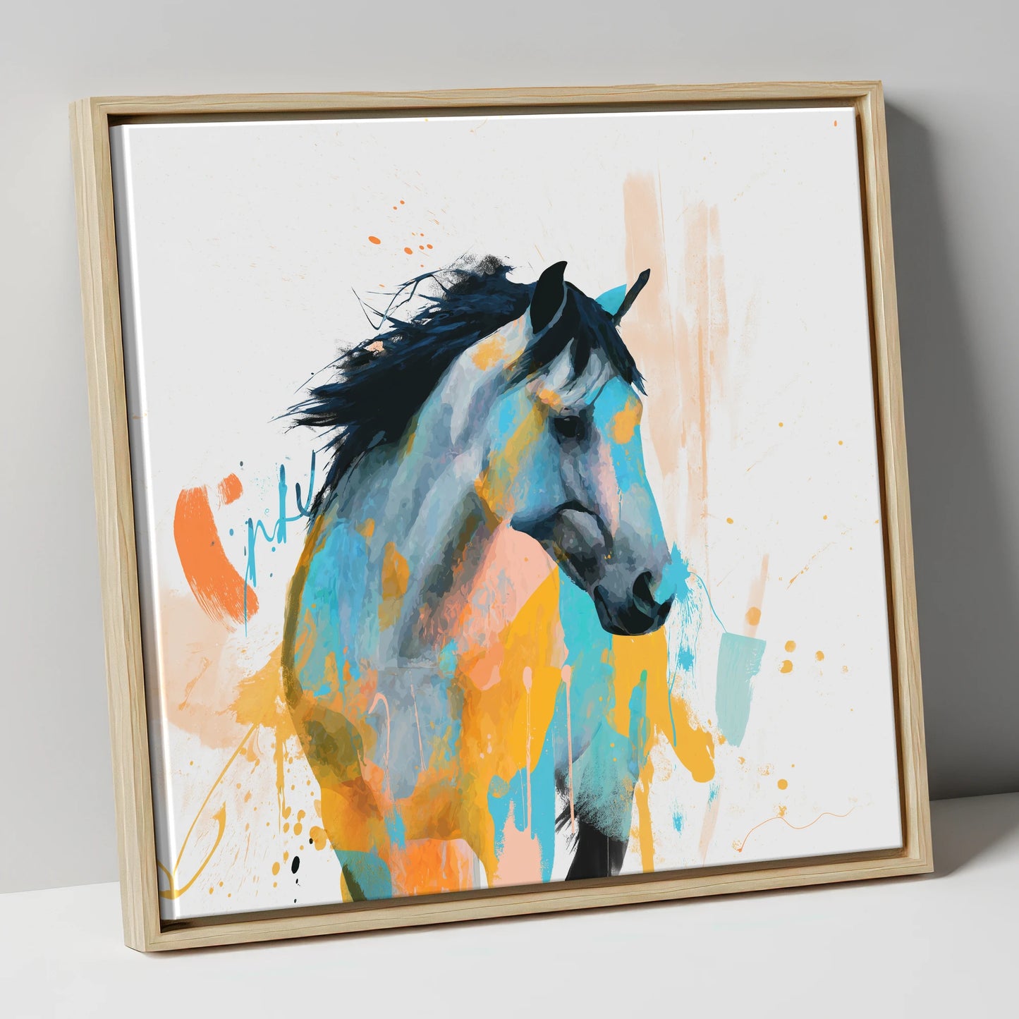 Teal and Amber Splendour horse portrait canvas wall art in natural frame