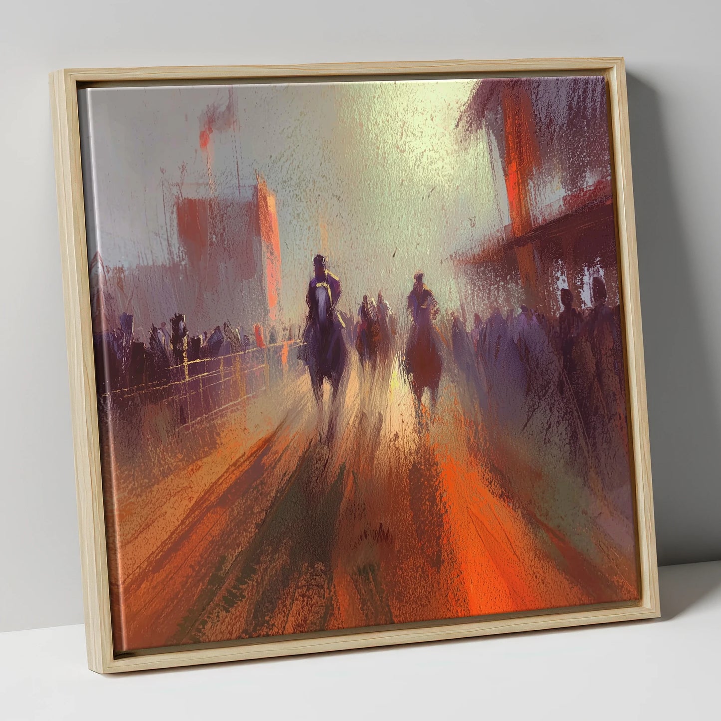The Arena Haze show jumping horse canvas wall art in natural frame