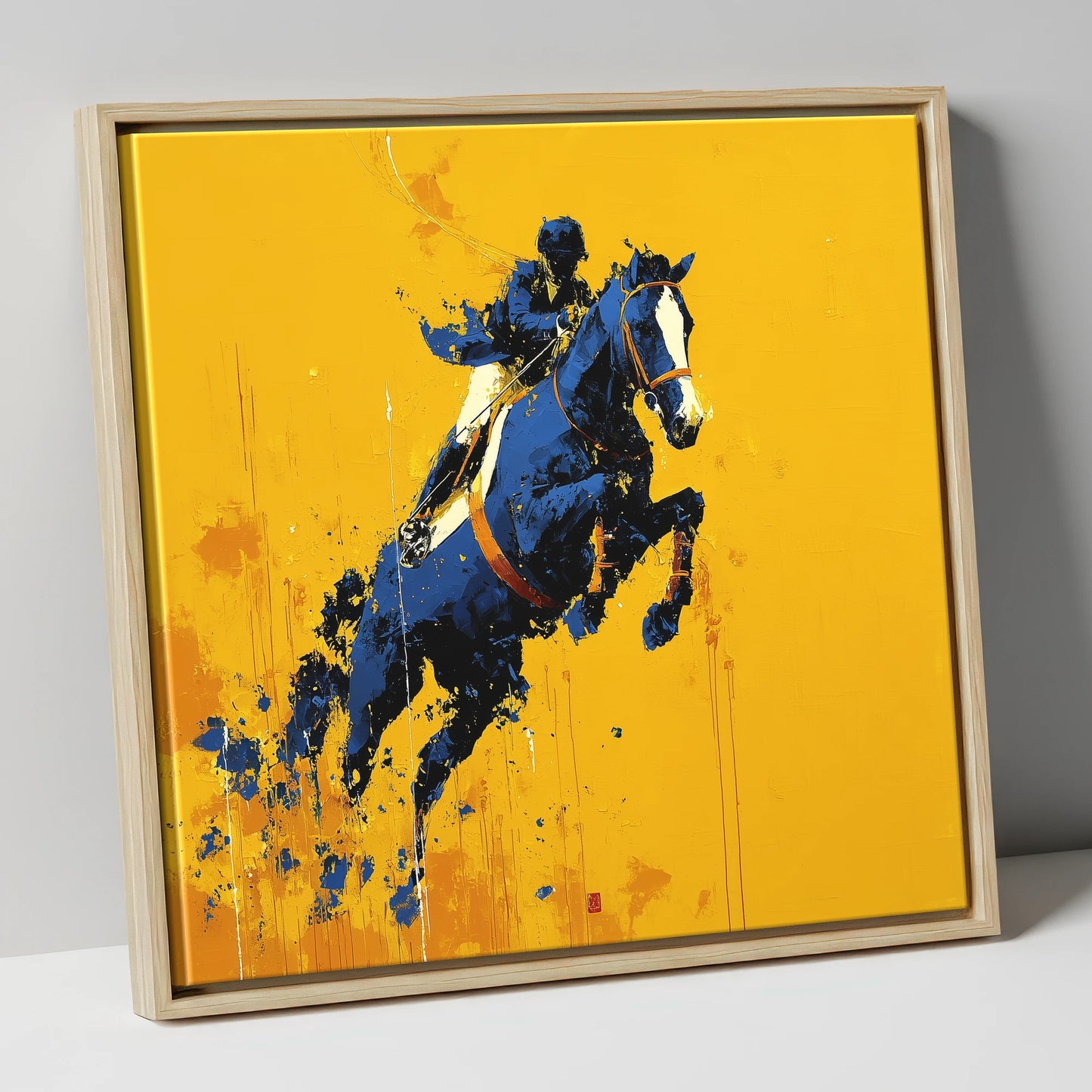 Airborne in Navy show jumping horse canvas wall art in natural frame
