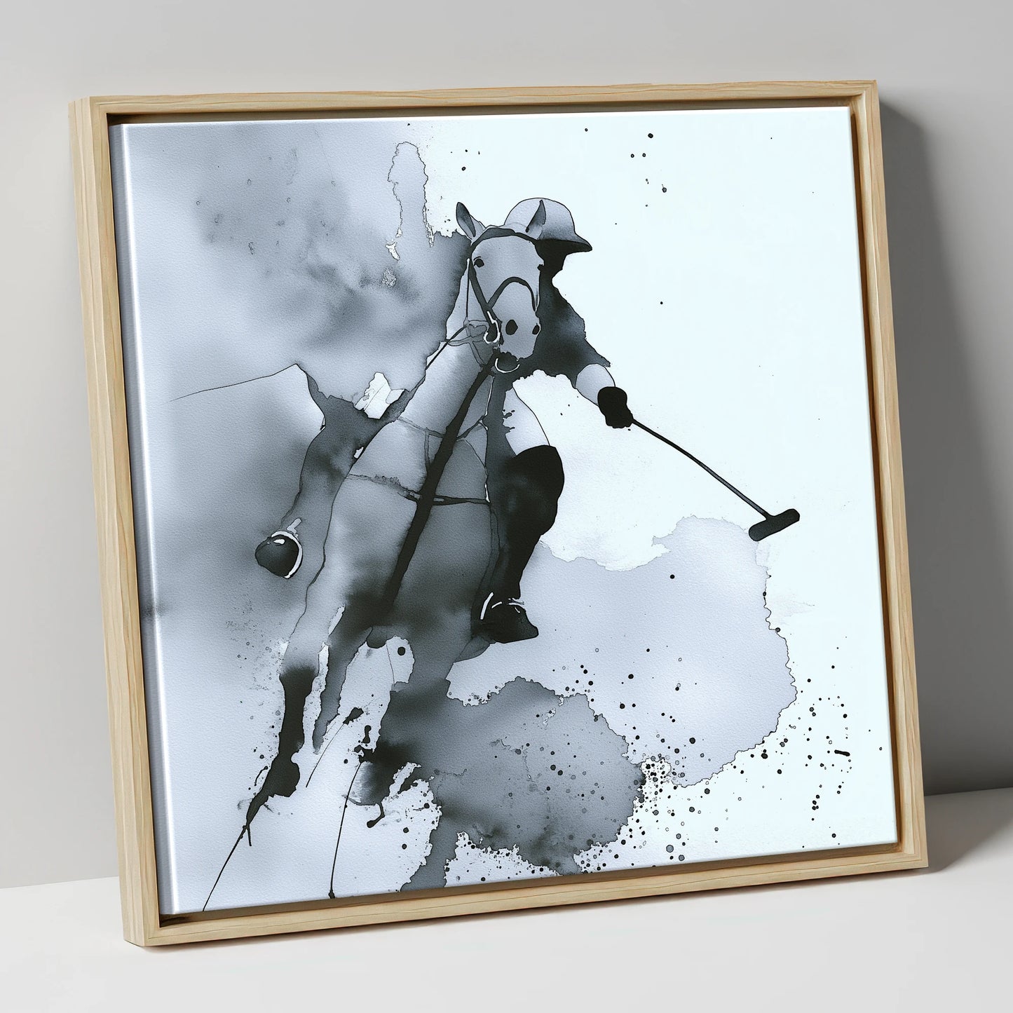 The Striker's Charge polo horse canvas wall art in natural frame