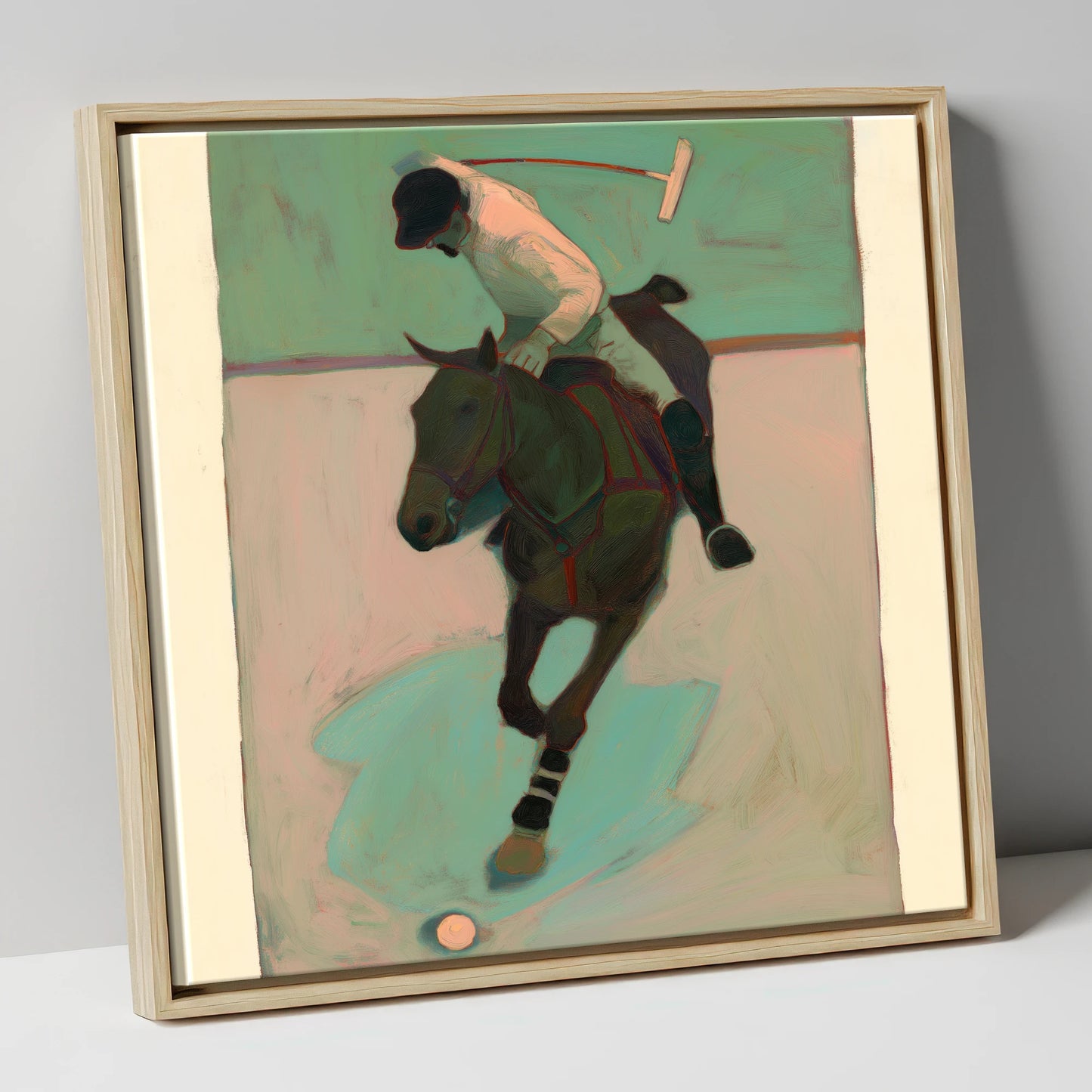 Turning on the Ball polo horse canvas wall art in natural frame