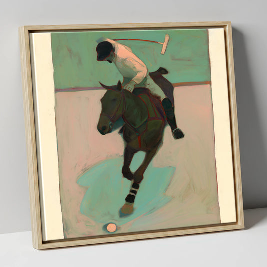 Turning on the Ball polo horse canvas wall art in natural frame