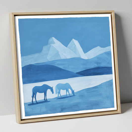 Azure Mountain Grazing horse landscape canvas wall art in natural frame