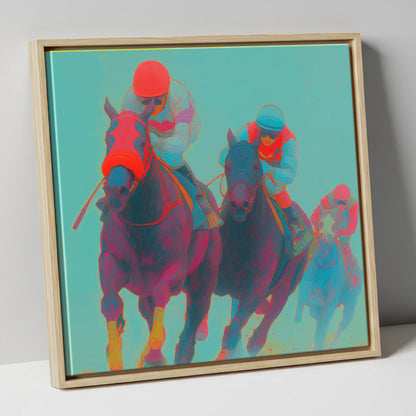 Electric Homestretch racing horse canvas wall art in natural frame
