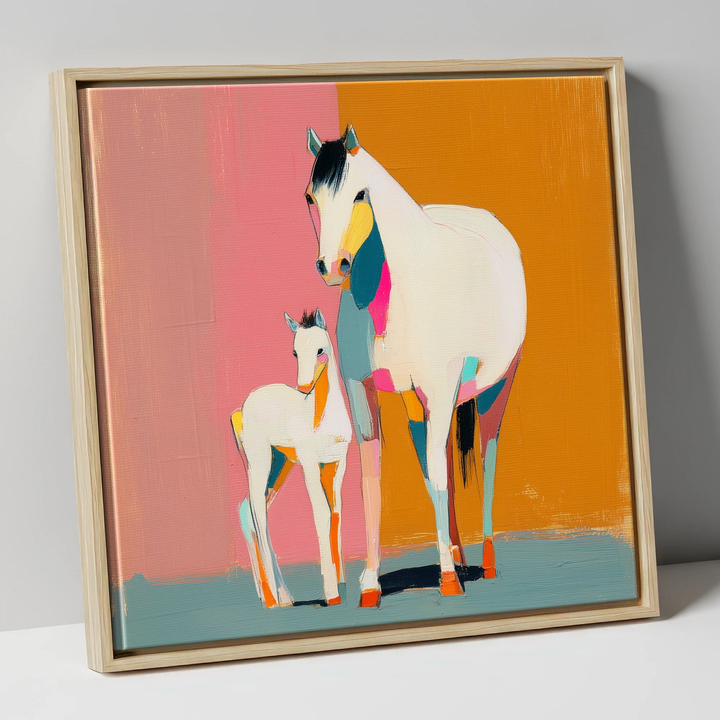 Vibrant Mare And Foal mare & foal canvas wall art in natural frame