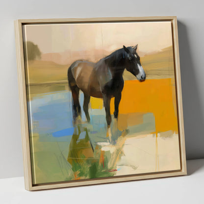 Reflections in Ochre horse portrait canvas wall art in natural frame