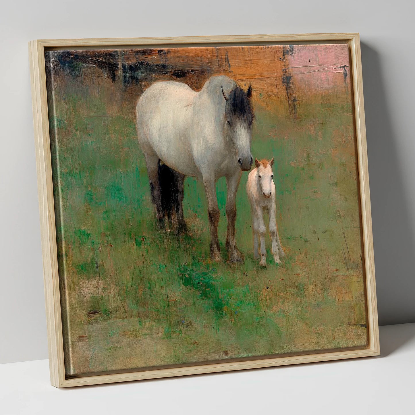 Quiet Pasture Companions mare & foal canvas wall art in natural frame
