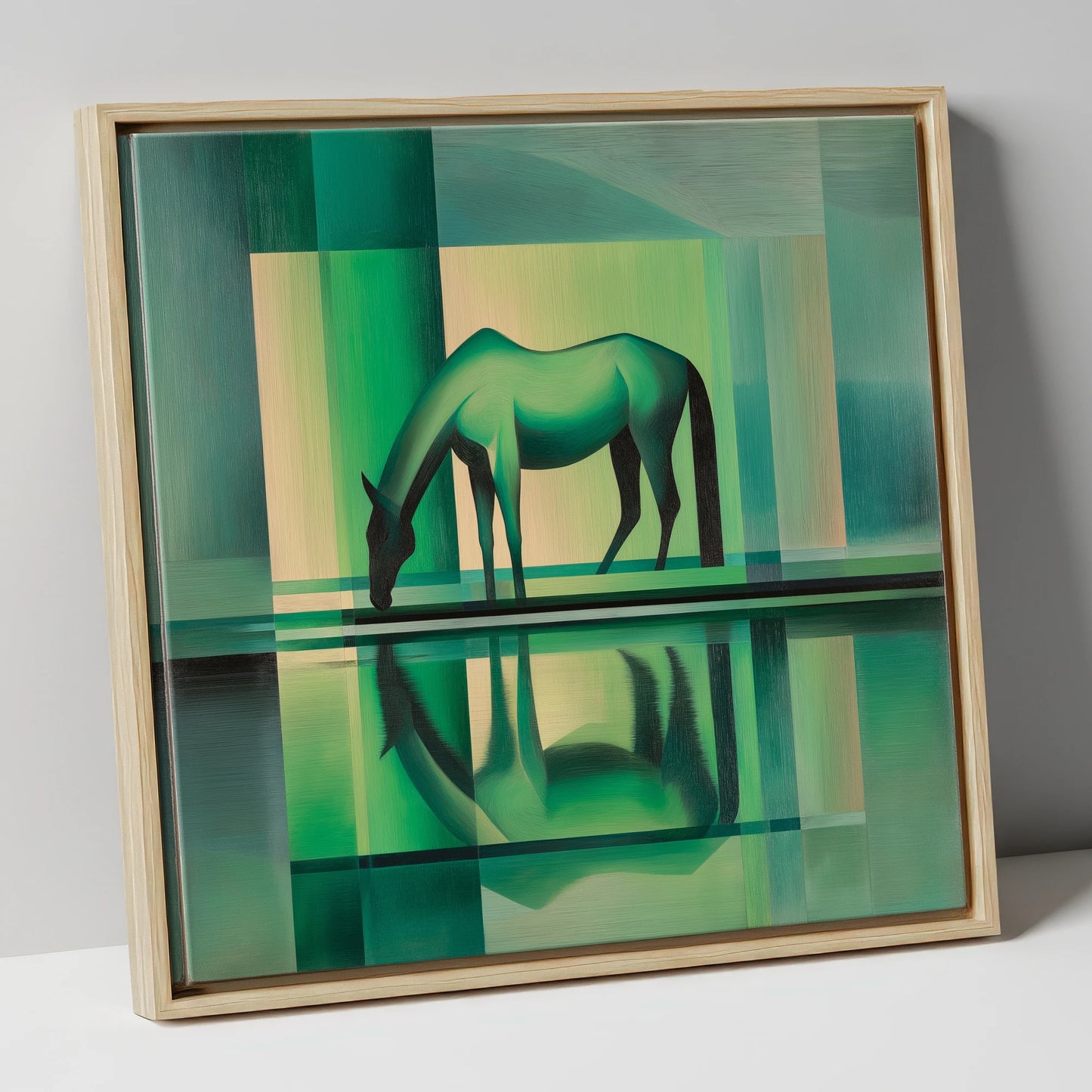 Verdant Reflection horse portrait canvas wall art in natural frame