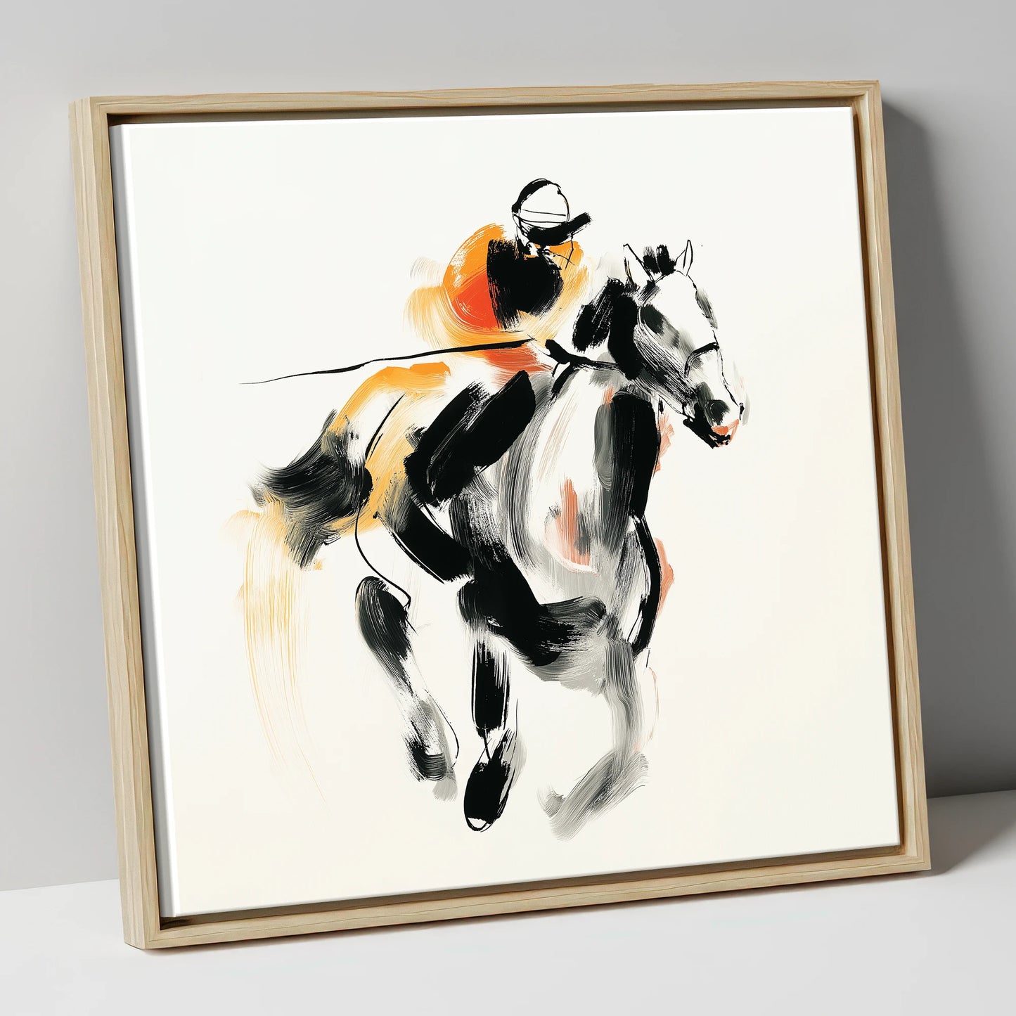 Flash of Amber racing horse canvas wall art in natural frame
