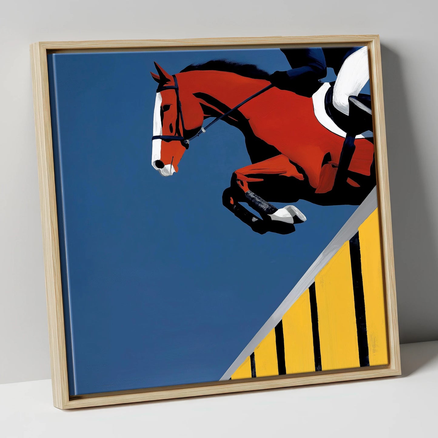 Suspended in Blue show jumping horse canvas wall art in natural frame