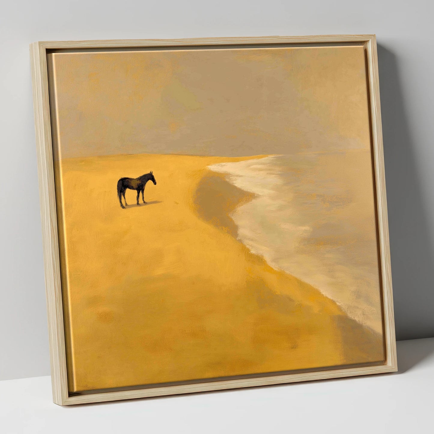 Golden Shoreline Solitude horse landscape canvas wall art in natural frame
