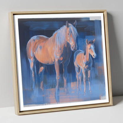 Cobalt and Apricot mare & foal canvas wall art in natural frame
