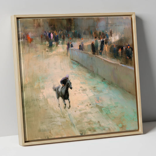 Echoes of the Track racing horse canvas wall art in natural frame