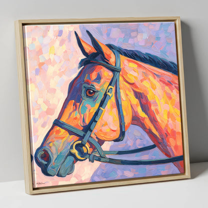 Vivid Equine Gaze racing horse canvas wall art in natural frame