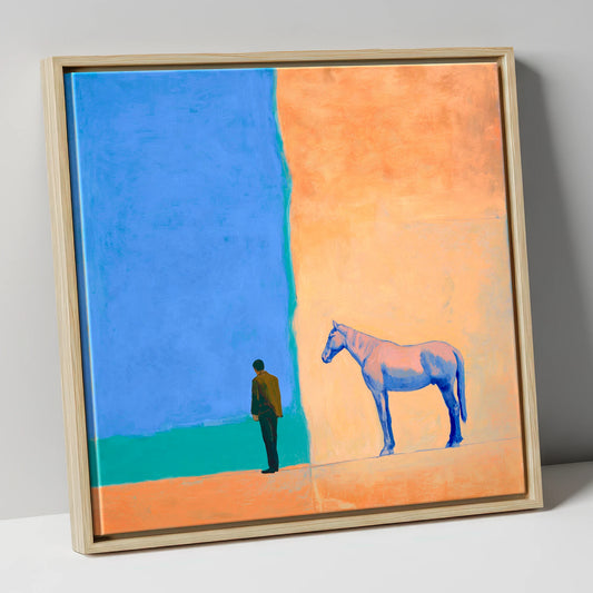 Between Blue and Sand horse & rider canvas wall art in natural frame