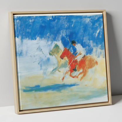 Cerulean Polo Chase polo horse canvas wall art in natural frame