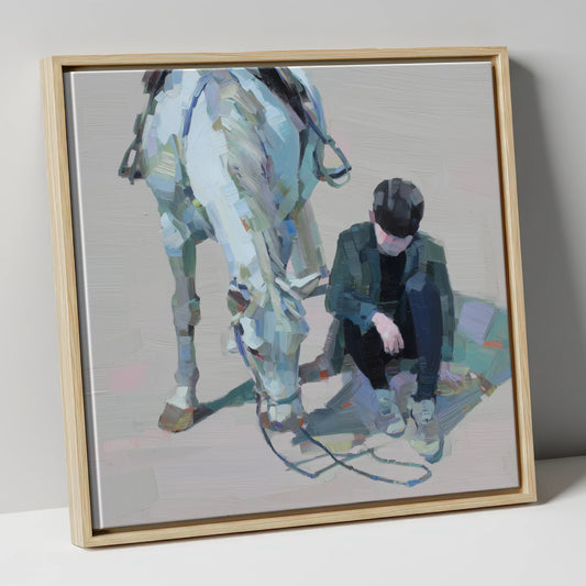 Shared Silence horse & rider canvas wall art in natural frame