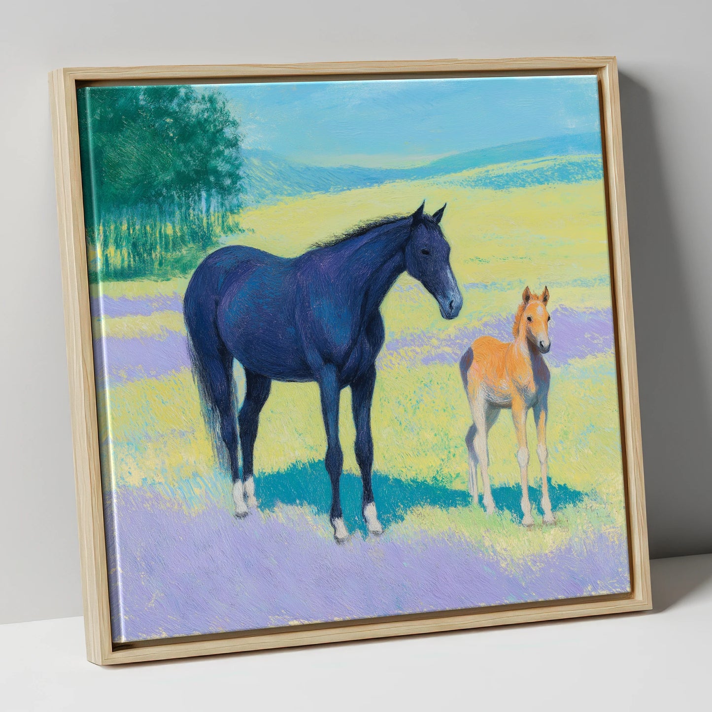 Lavender Meadow Bond mare & foal canvas wall art in natural frame