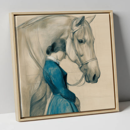 Solace in Stillness horse & rider canvas wall art in natural frame