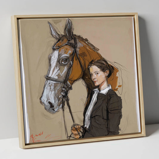 The Rider's Bond horse & rider canvas wall art in natural frame