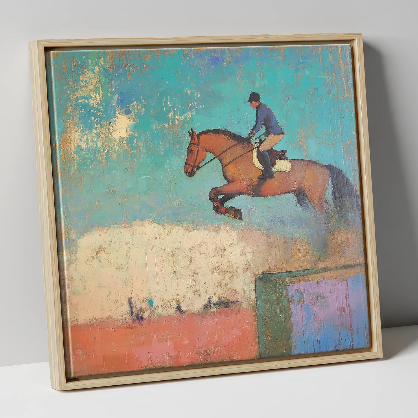 Taking Flight show jumping horse canvas wall art in natural frame