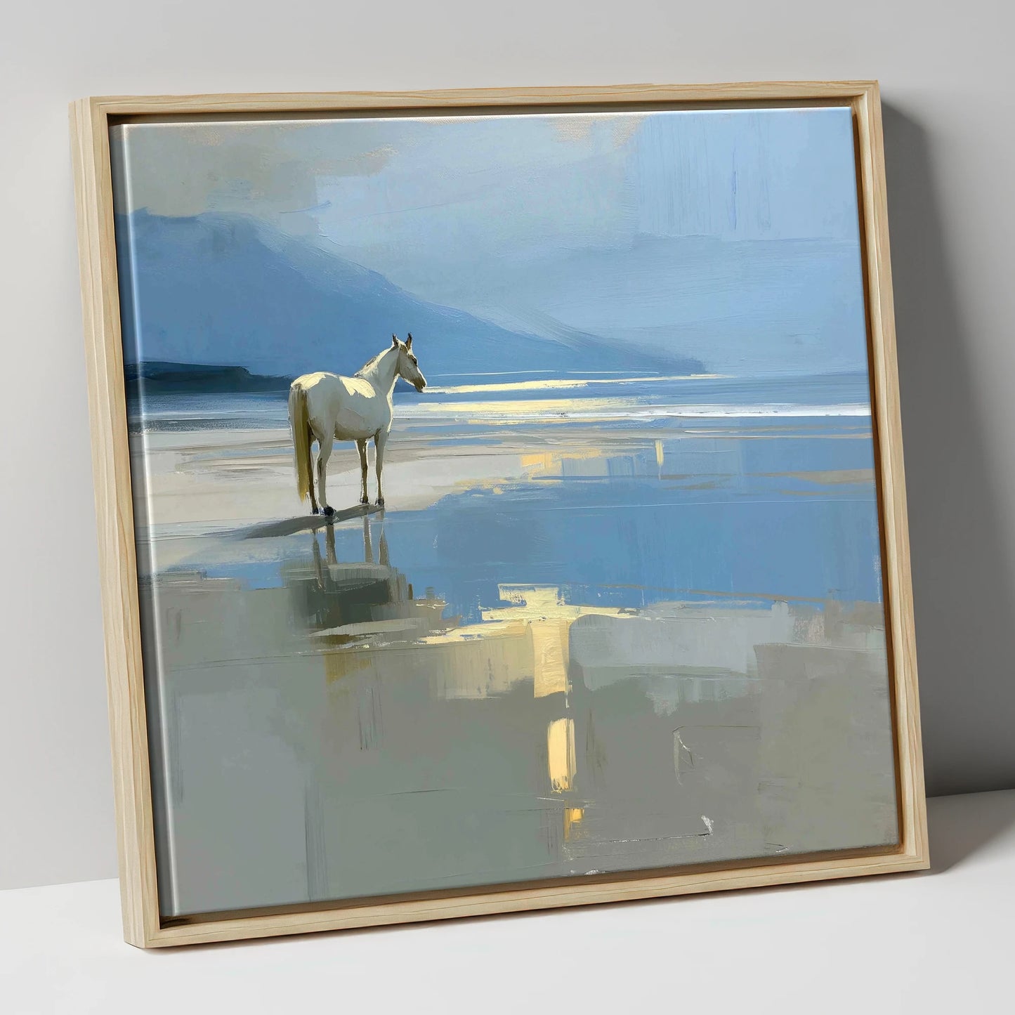 Solitary Coastal Gleam horse landscape canvas wall art in natural frame
