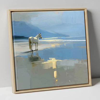 Solitary Coastal Gleam horse landscape canvas wall art in natural frame