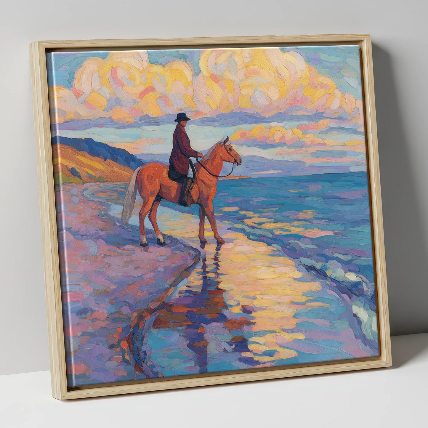 Sunset Coastal Reflections beach horse canvas wall art in natural frame