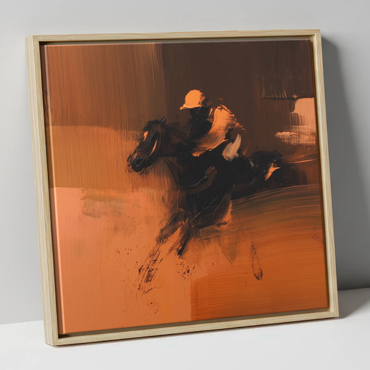 Amber Rush racing horse canvas wall art in natural frame