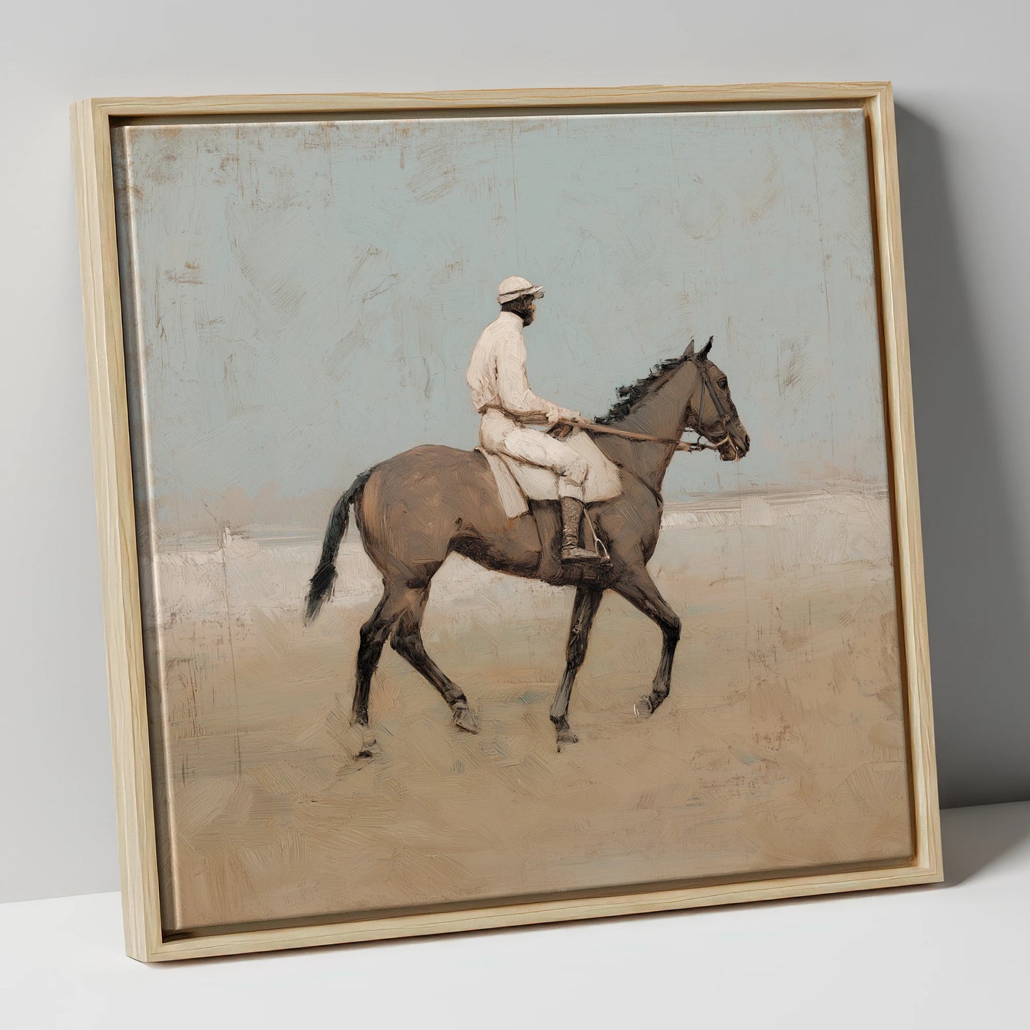 The White Silks racing horse canvas wall art in natural frame