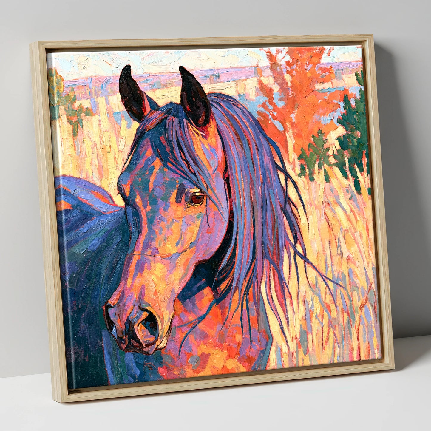 Colourful Horse in Autumn Grass horse breed canvas wall art in natural frame