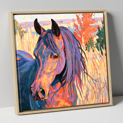 Colourful Horse in Autumn Grass horse breed canvas wall art in natural frame