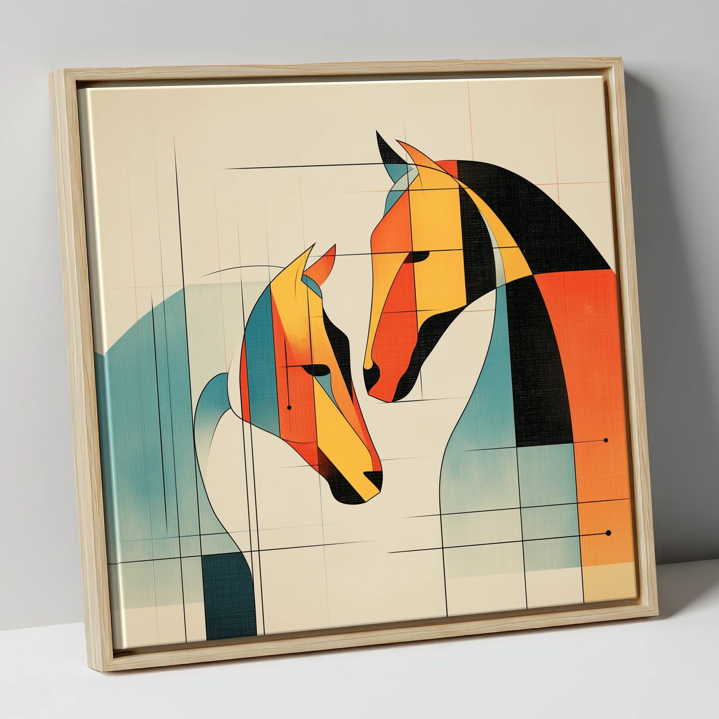 Geometric Equine Connection horse portrait canvas wall art in natural frame