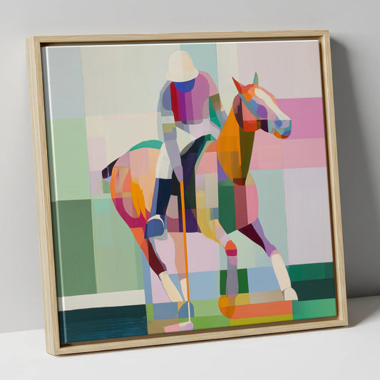 Geometric Polo Strike polo horse canvas wall art in natural frame