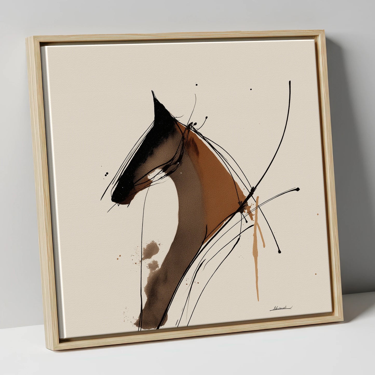 Abstract Equine Spirit horse portrait canvas wall art in natural frame