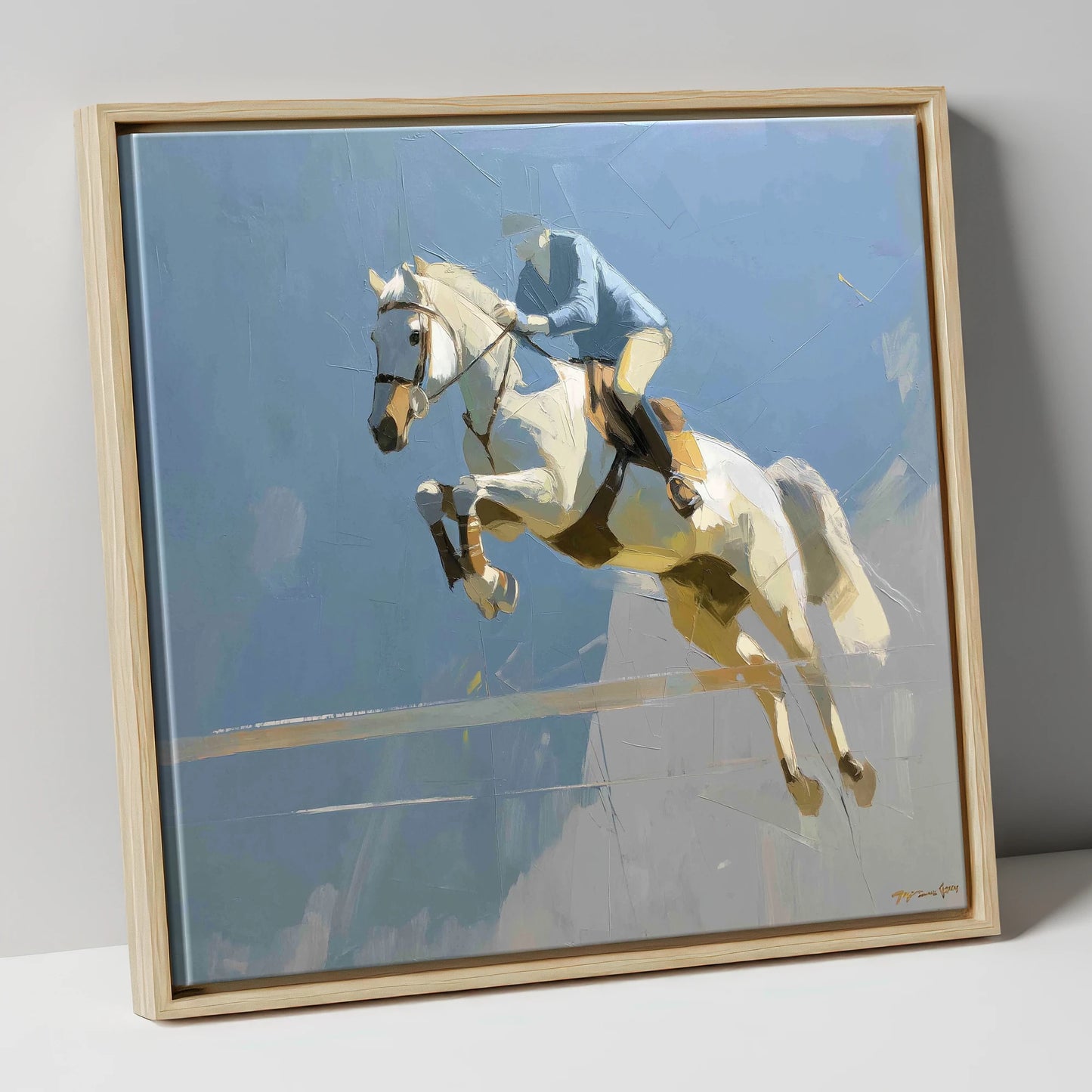Flight Over Slate show jumping horse canvas wall art in natural frame
